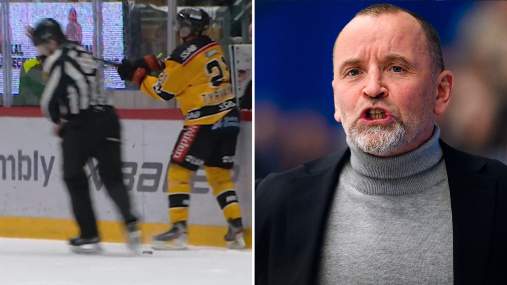 Thomas Berglund sasar mot matchstraffet p&aring; Juhani Tyrv&auml;inen